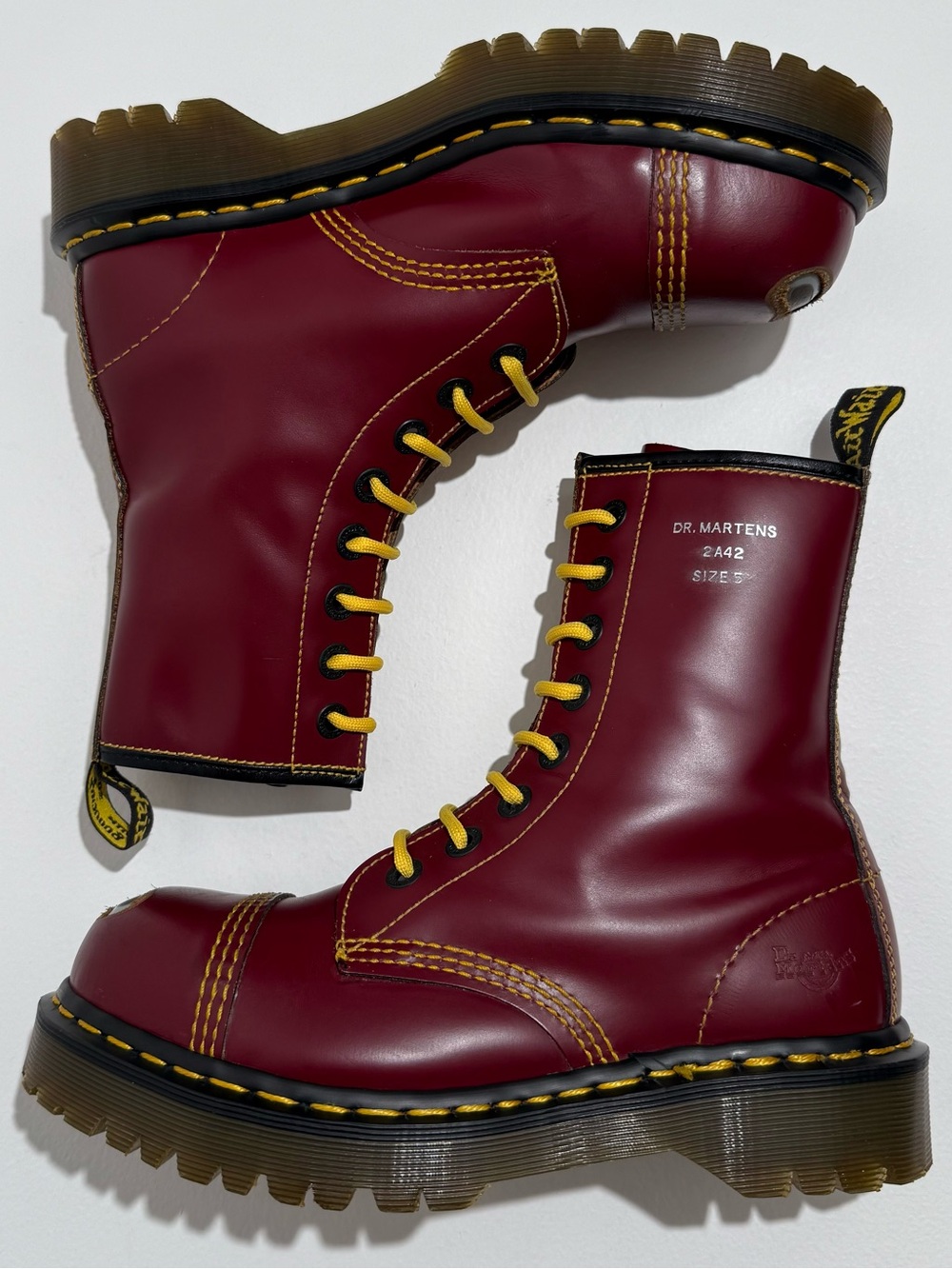 Vintage Dr. Martens 2A42 Doc Oxblood Red Exposed Steel Toe Leather Boots UK 5
